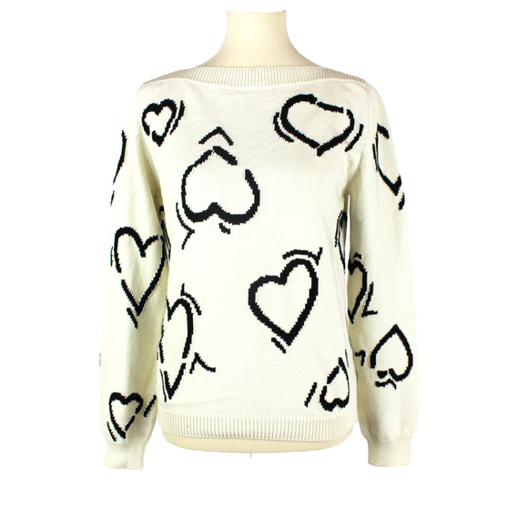 MaxMara Knit Heart Sweater Ivory Black Intarsia Motif Boatneck Pullover Knit S - Picture 1 of 6
